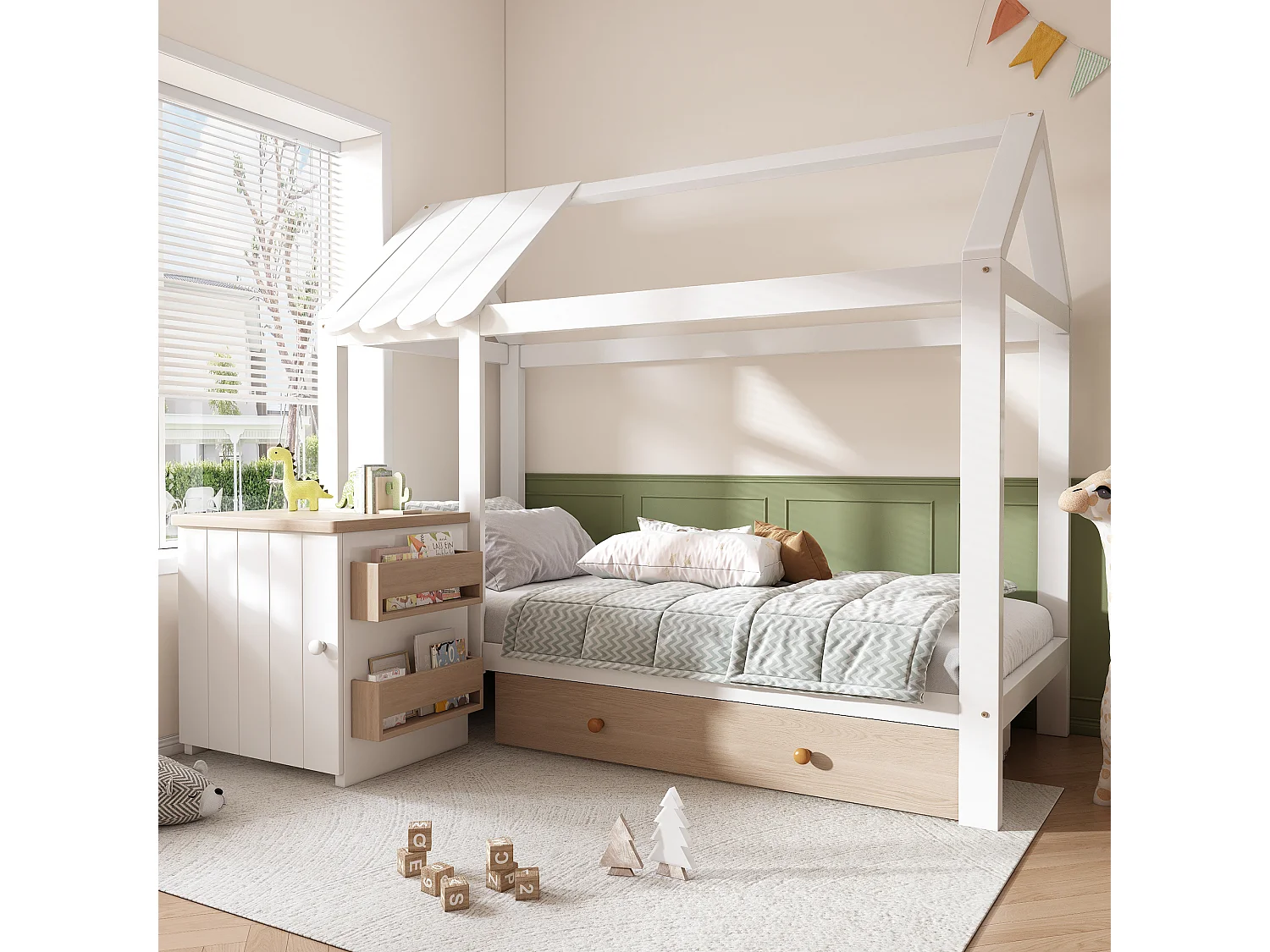 Lit maison Kinderbett 90x200 cm en bois massif avec tiroirs et table de chevet amovible, Blanc et Chêne, sans matelas