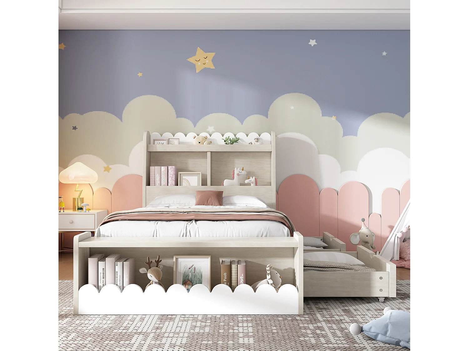 Lit enfant avec tiroirs, étagère et banc de rangement, bois blanc et chêne, 90x200 cm, sans matelas