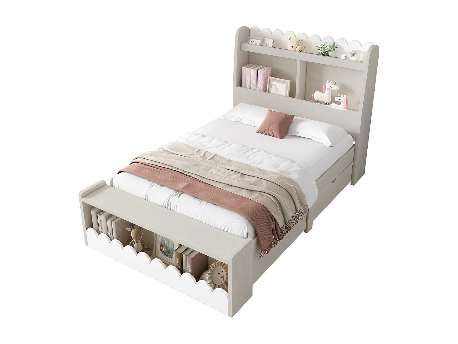 Lit enfant avec tiroirs, étagère et banc de rangement, bois blanc et chêne, 90x200 cm, sans matelas