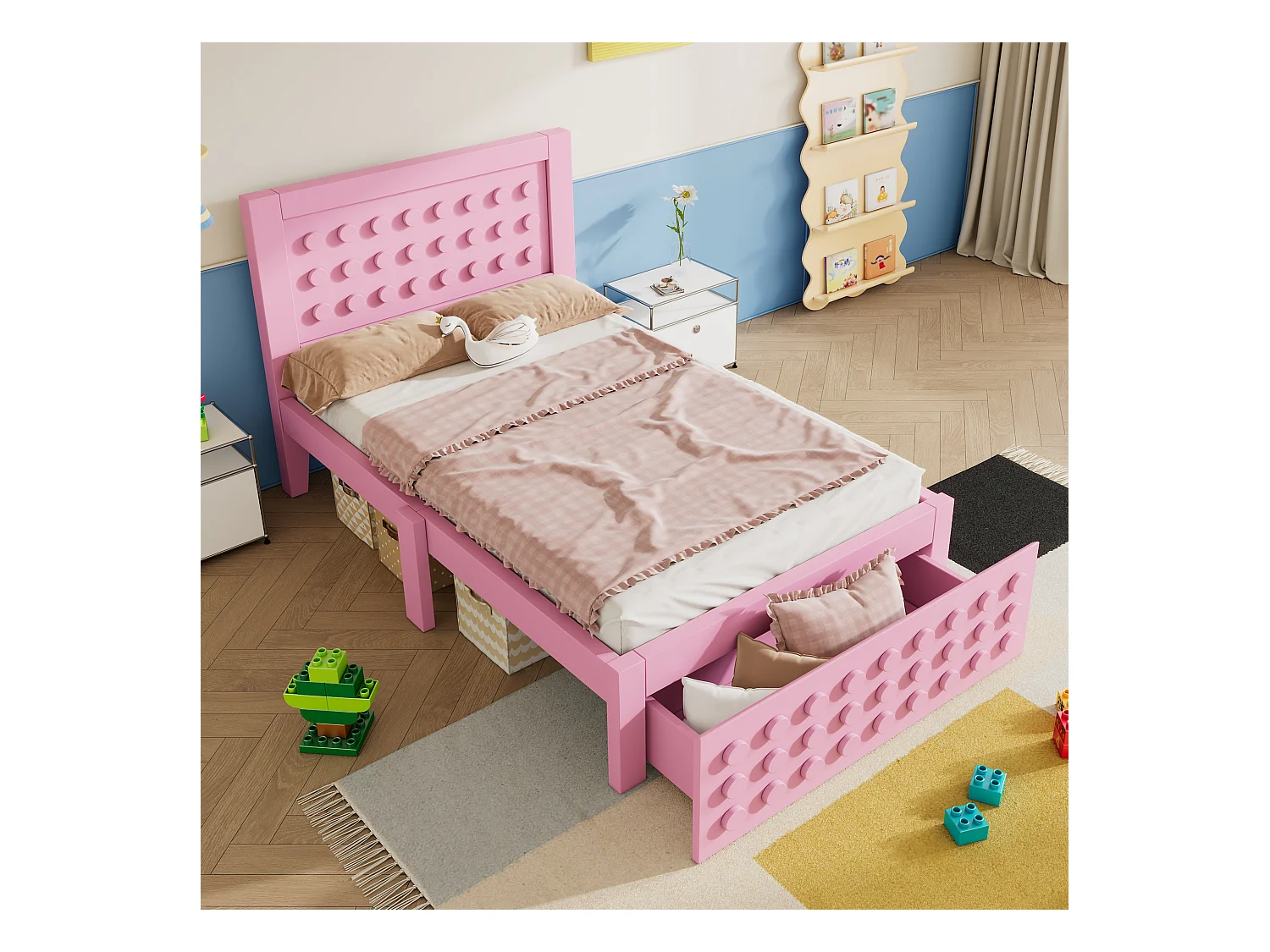 Lit en bois 90x190 cm, lit enfant design blocs, cadre massif avec sommier et tiroirs, rose, sans matelas