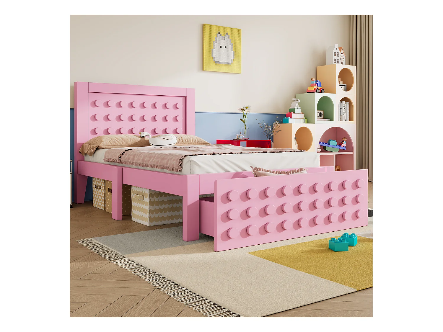 Lit en bois 90x190 cm, lit enfant design blocs, cadre massif avec sommier et tiroirs, rose, sans matelas