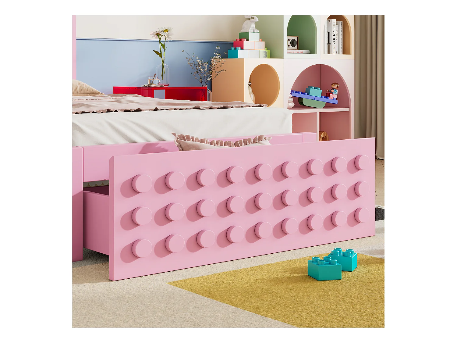 Lit en bois 90x190 cm, lit enfant design blocs, cadre massif avec sommier et tiroirs, rose, sans matelas