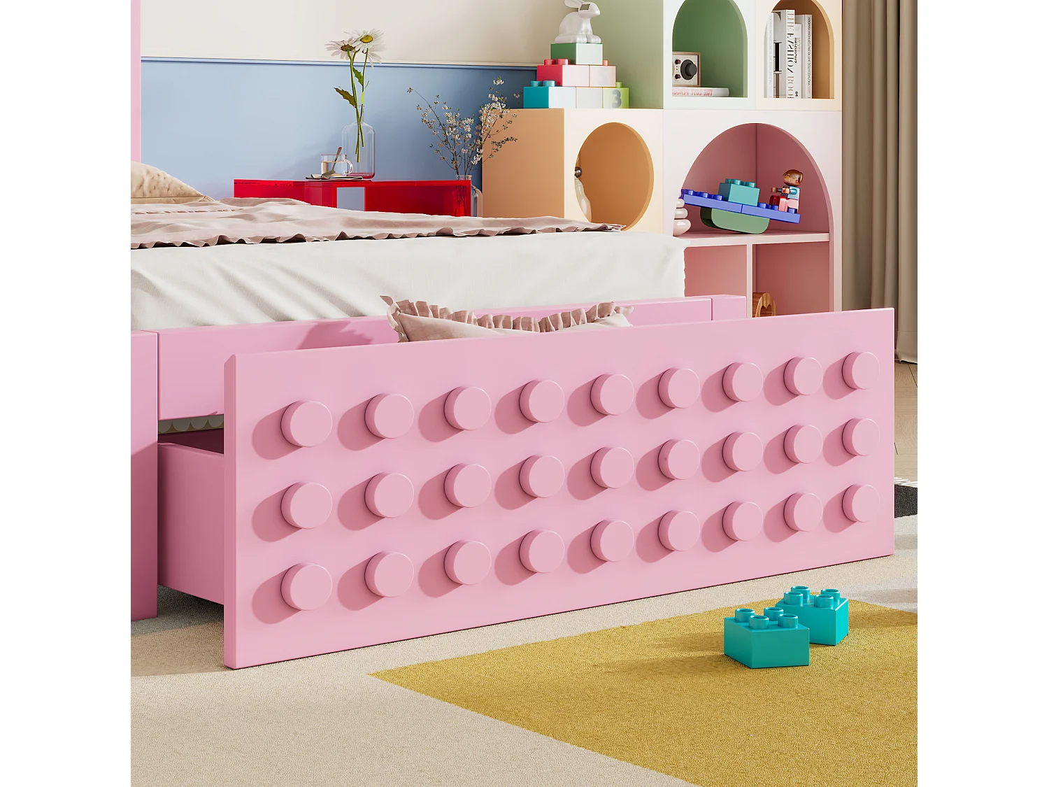 Lit en bois 90x190 cm, lit enfant design blocs, cadre massif avec sommier et tiroirs, rose, sans matelas