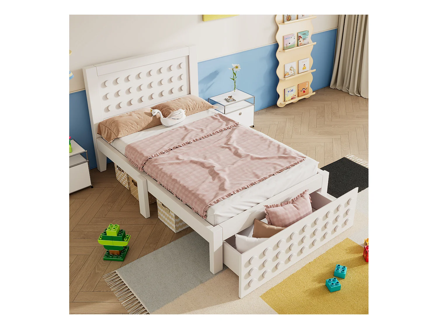Lit en bois 90x200 cm, lit enfant design blocs, cadre massif avec sommier et tiroirs, blanc, sans matelas