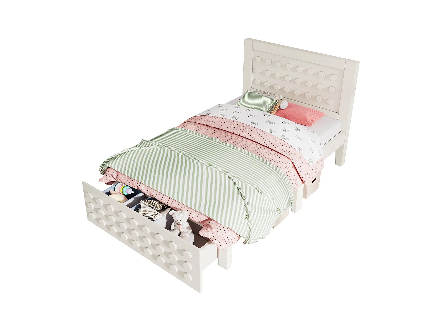 Lit en bois 90x200 cm, lit enfant design blocs, cadre massif avec sommier et tiroirs, blanc, sans matelas