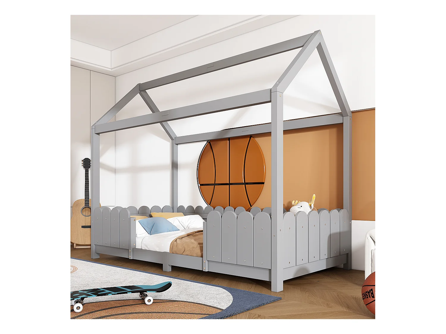 Lit maison 90x200 cm en bois polyvalent pour enfants, garde-corps et lattes inclus, Gris, sans matelas