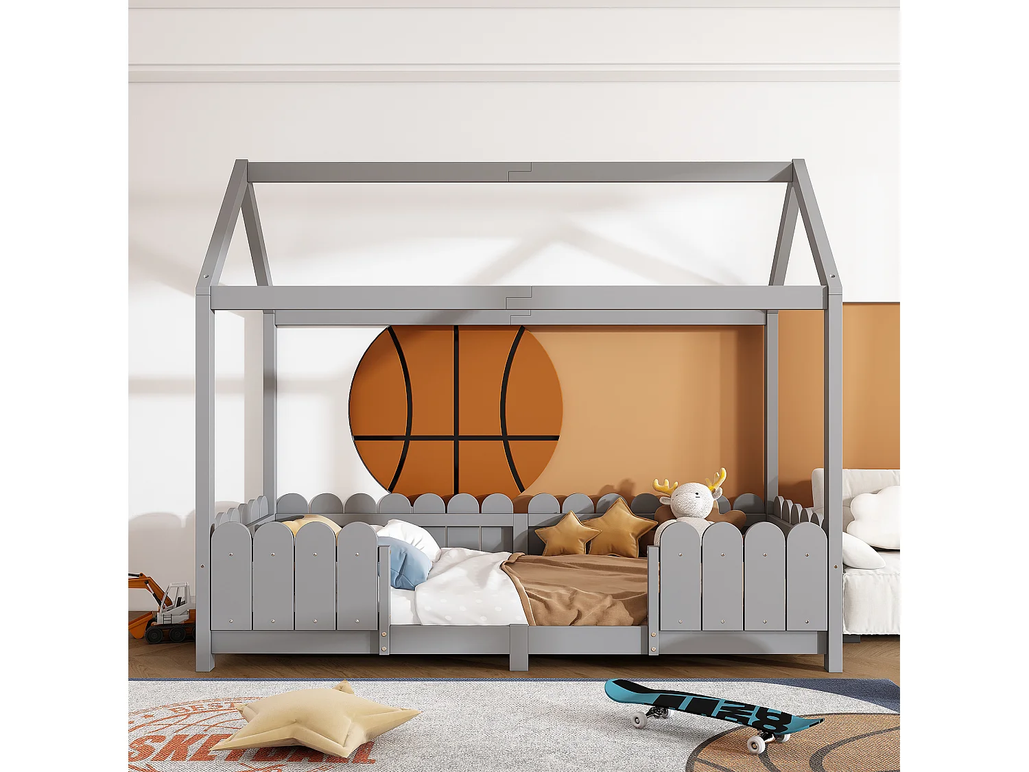 Lit maison 90x200 cm en bois polyvalent pour enfants, garde-corps et lattes inclus, Gris, sans matelas