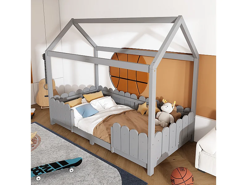 Lit maison 90x200 cm en bois polyvalent pour enfants, garde-corps et lattes inclus, Gris, sans matelas