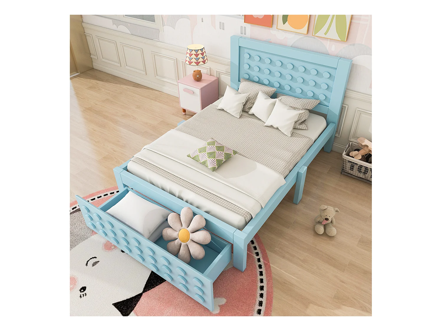 Lit en bois 90x200 cm, lit enfant design blocs, cadre massif avec sommier et espace de rangement, sans matelas