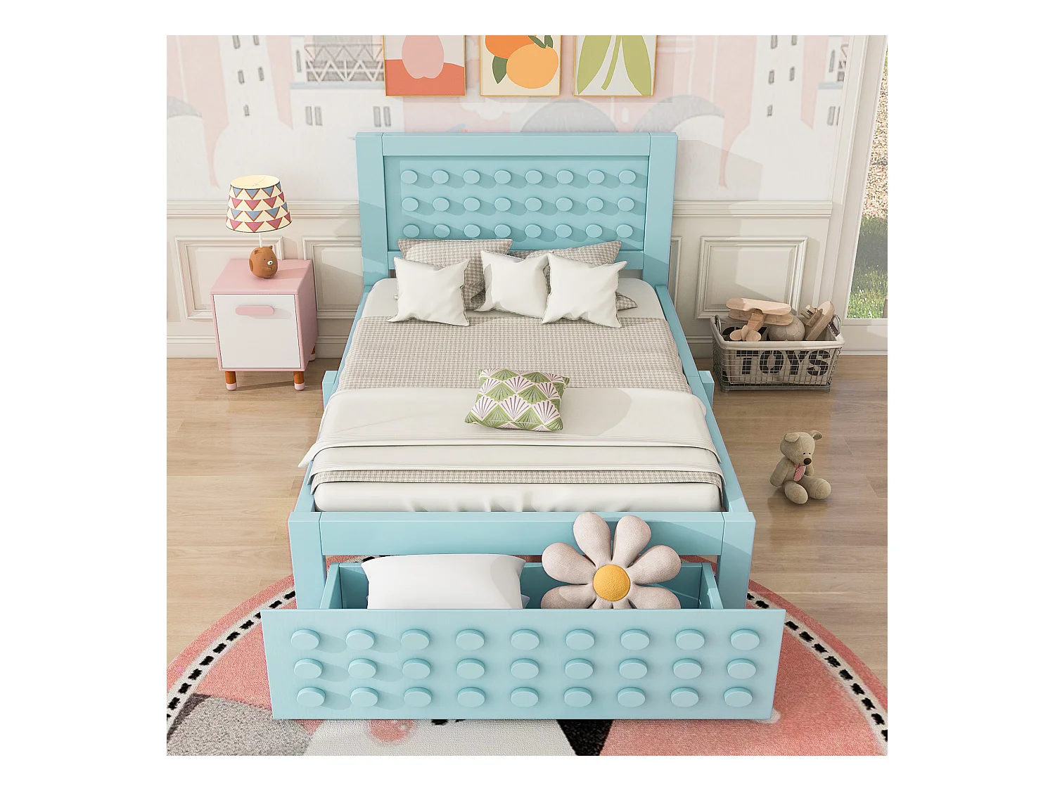 Lit en bois 90x200 cm, lit enfant design blocs, cadre massif avec sommier et espace de rangement, sans matelas
