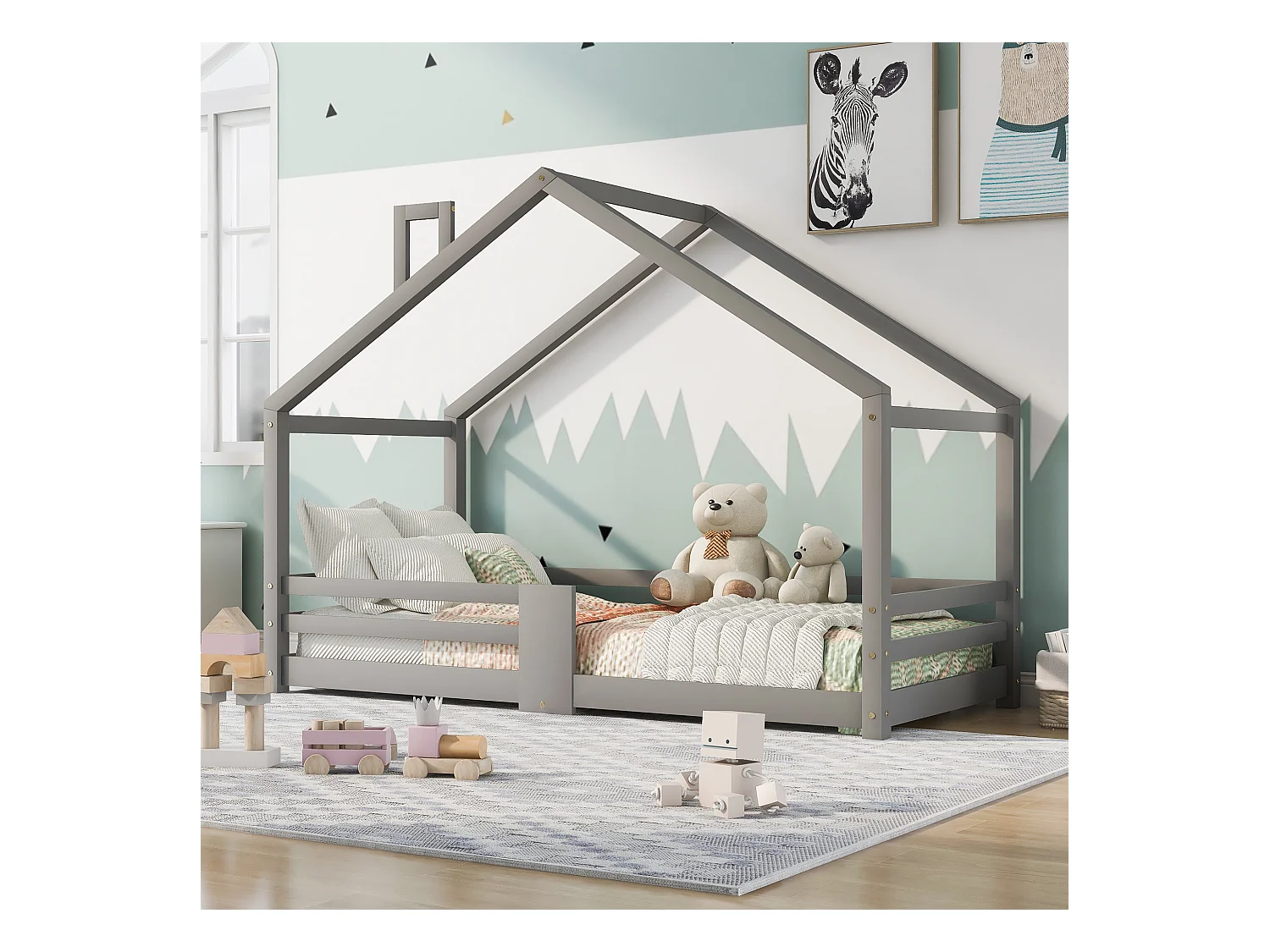 Lit maison Kinderbett avec cheminée, garde-corps, lattes robustes, bois de pin, 90x200 cm, Gris, sans matelas