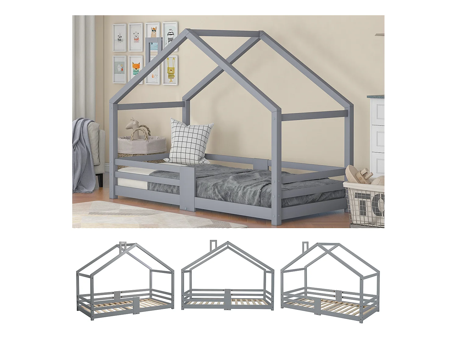 Lit maison Kinderbett avec cheminée, garde-corps, lattes robustes, bois de pin, 90x200 cm, Gris, sans matelas