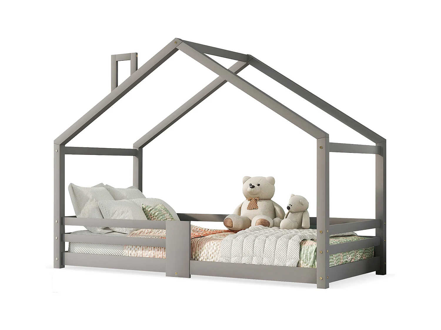 Lit maison Kinderbett avec cheminée, garde-corps, lattes robustes, bois de pin, 90x200 cm, Gris, sans matelas