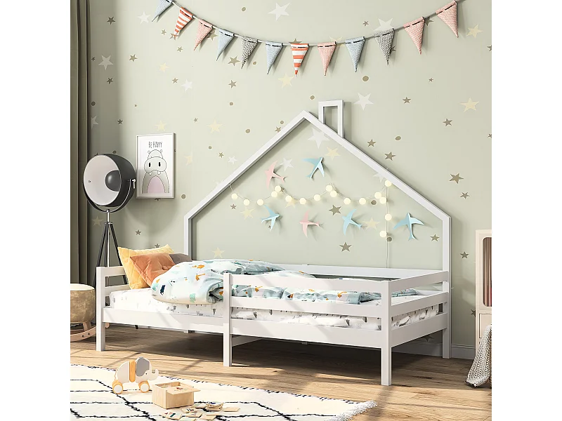 Cama de cabine infantil 90x200cm em madeira maciça com proteção contra quedas e base de ripas - Branco