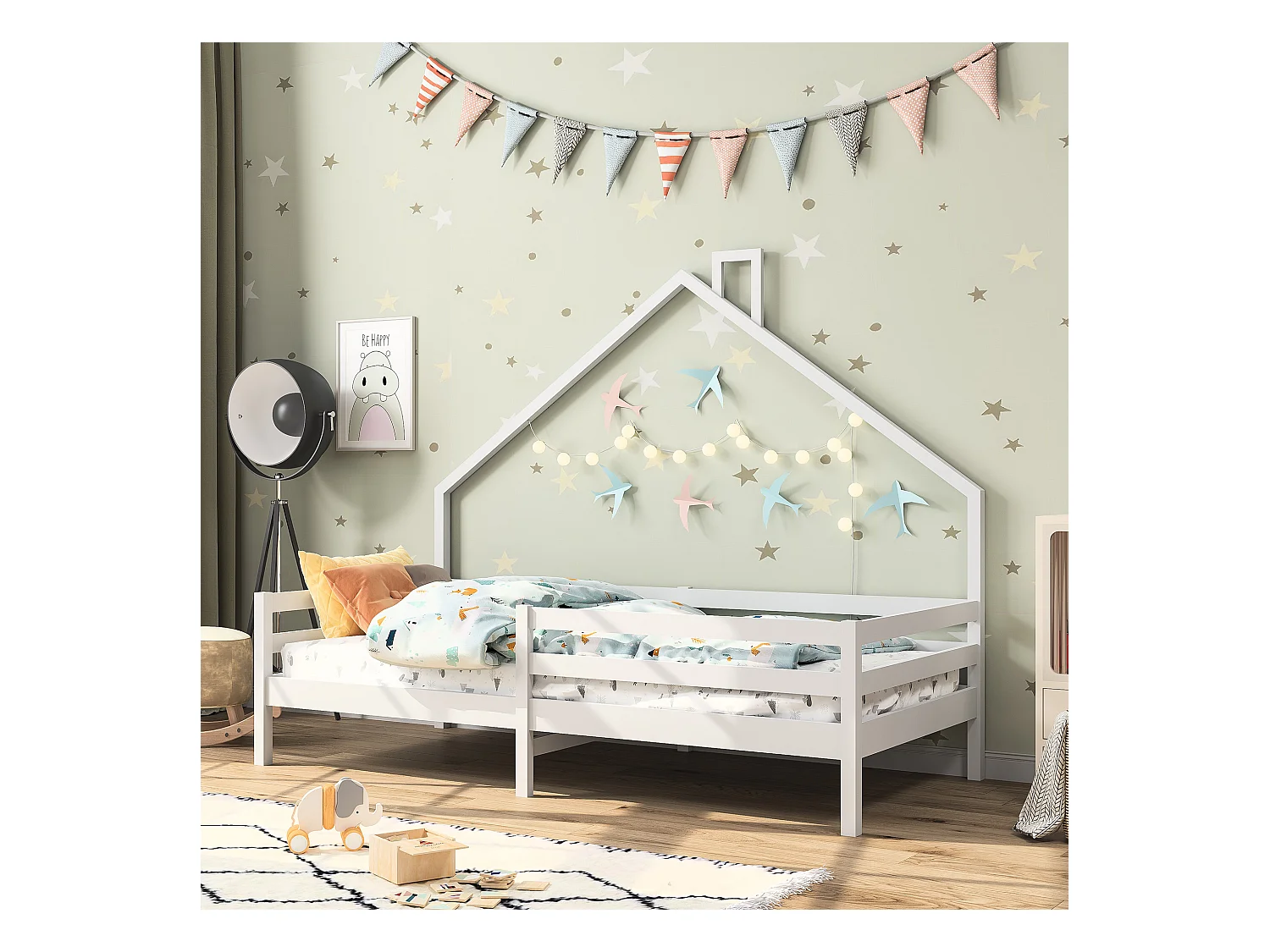 Cama de cabine infantil 90x200cm em madeira maciça com proteção contra quedas e base de ripas - Branco