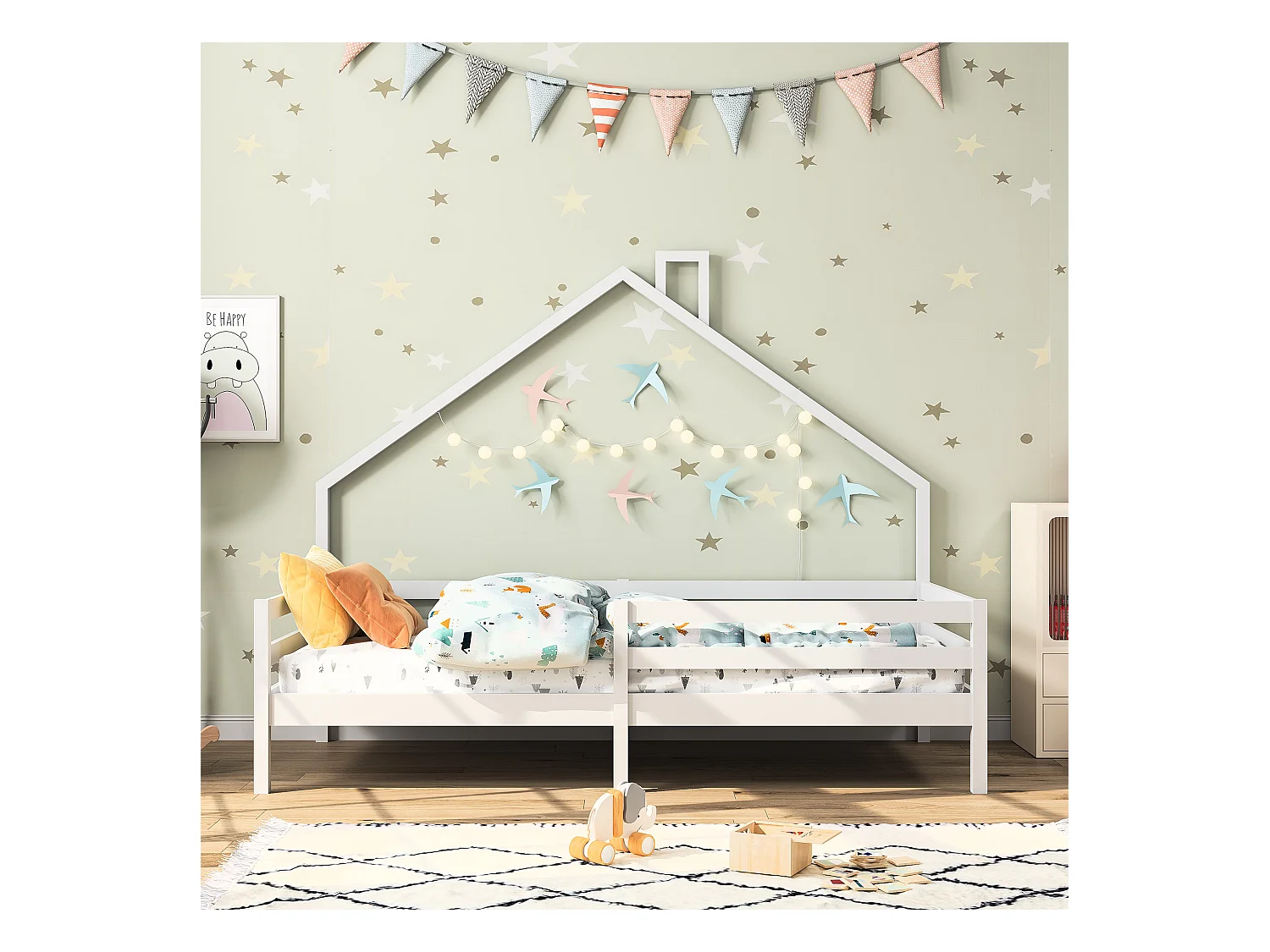 Cama de cabine infantil 90x200cm em madeira maciça com proteção contra quedas e base de ripas - Branco