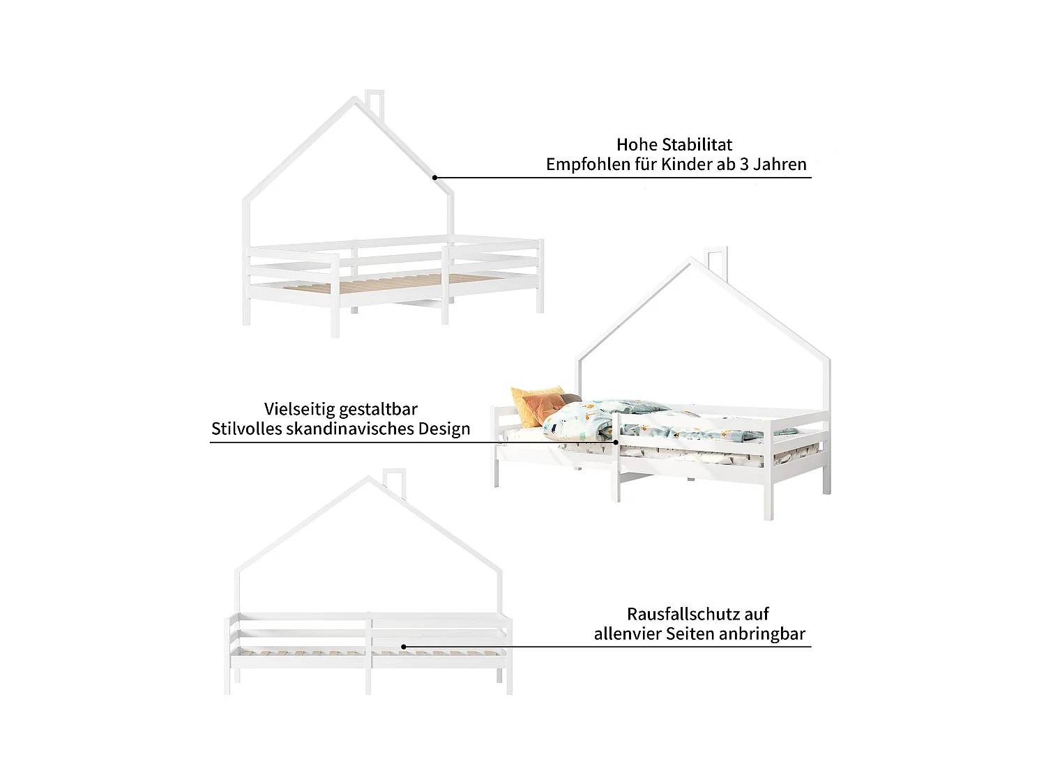 Cama de cabine infantil 90x200cm em madeira maciça com proteção contra quedas e base de ripas - Branco