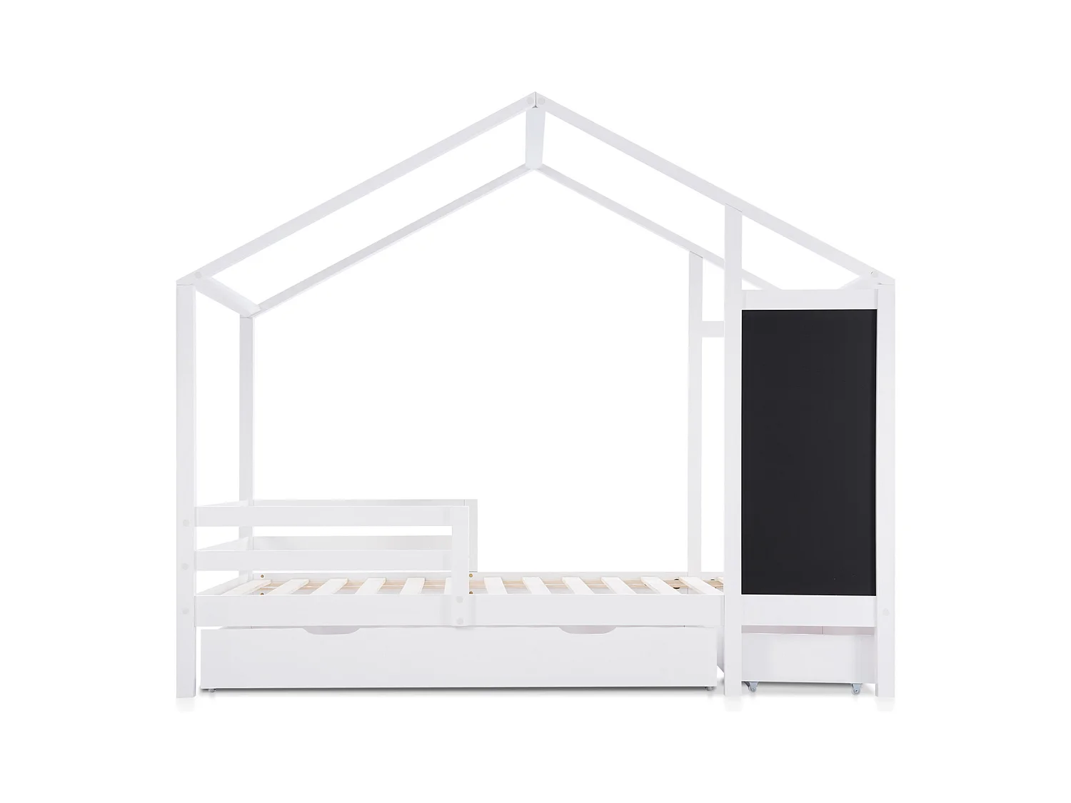 Letto a soppalco in legno massello con quadro e 2 cassetti, Letto per bambini 90 x 200 cm con sponda e base, Bianco - Senza materasso