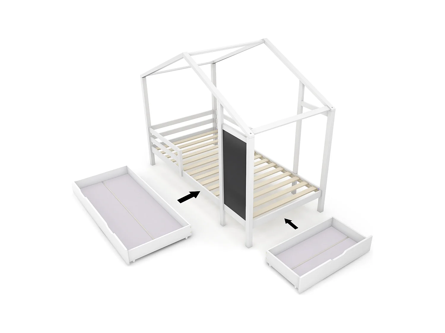 Letto a soppalco in legno massello con quadro e 2 cassetti, Letto per bambini 90 x 200 cm con sponda e base, Bianco - Senza materasso