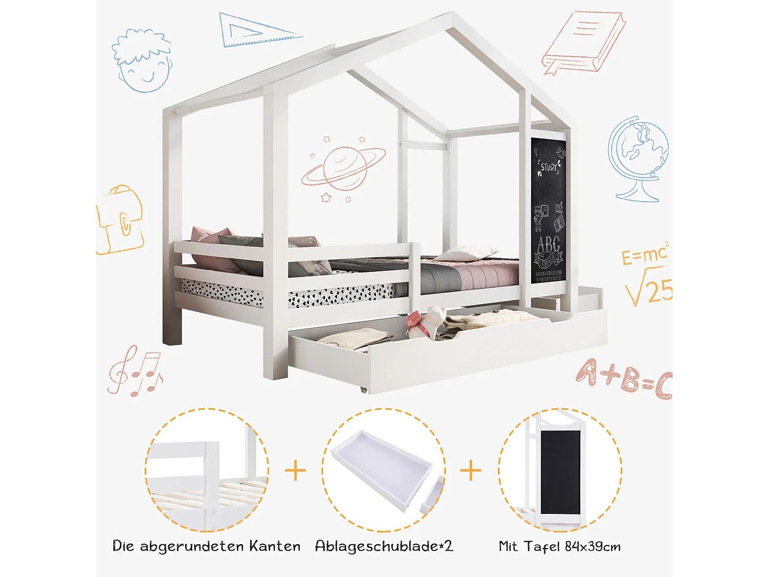Letto a soppalco in legno massello con quadro e 2 cassetti, Letto per bambini 90 x 200 cm con sponda e base, Bianco - Senza materasso