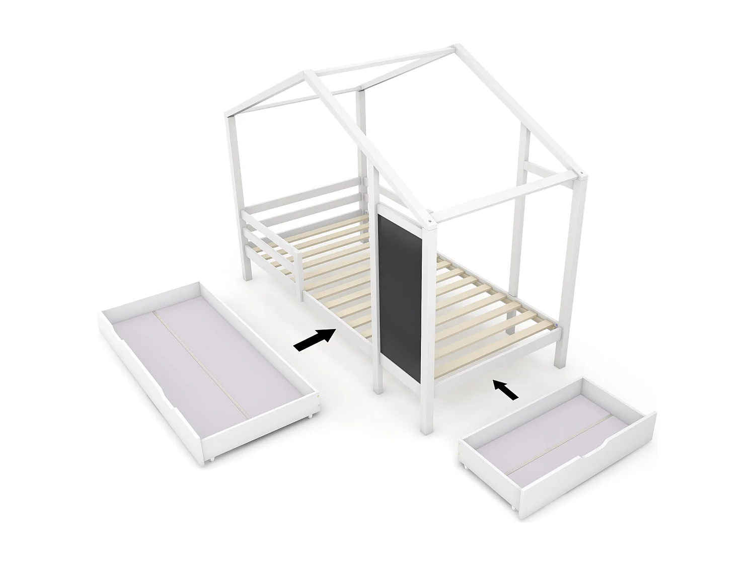Letto a soppalco in legno massello con quadro e 2 cassetti, Letto per bambini 90 x 200 cm con sponda e base, Bianco - Senza materasso