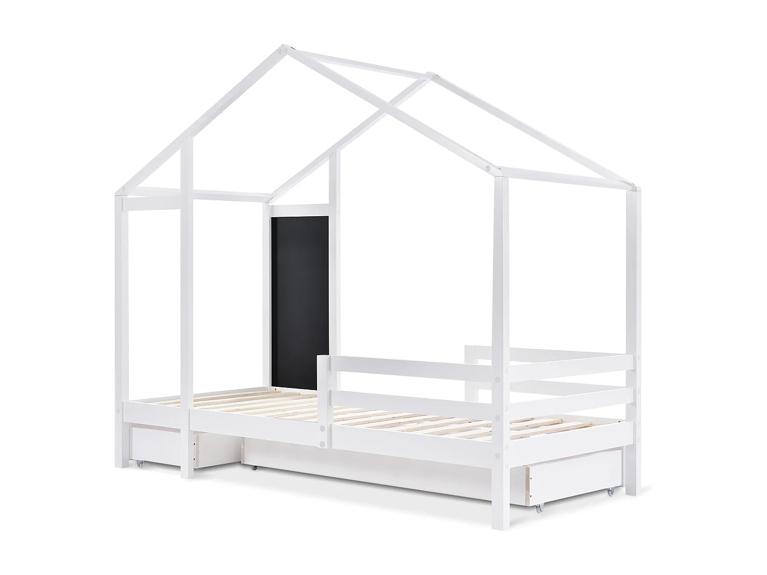 Letto a soppalco in legno massello con quadro e 2 cassetti, Letto per bambini 90 x 200 cm con sponda e base, Bianco - Senza materasso