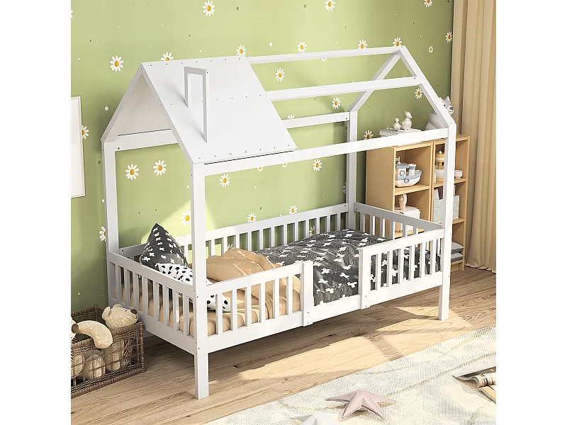 Cama de cabine infantil 200x90cm - madeira maciça com base de ripas - branca