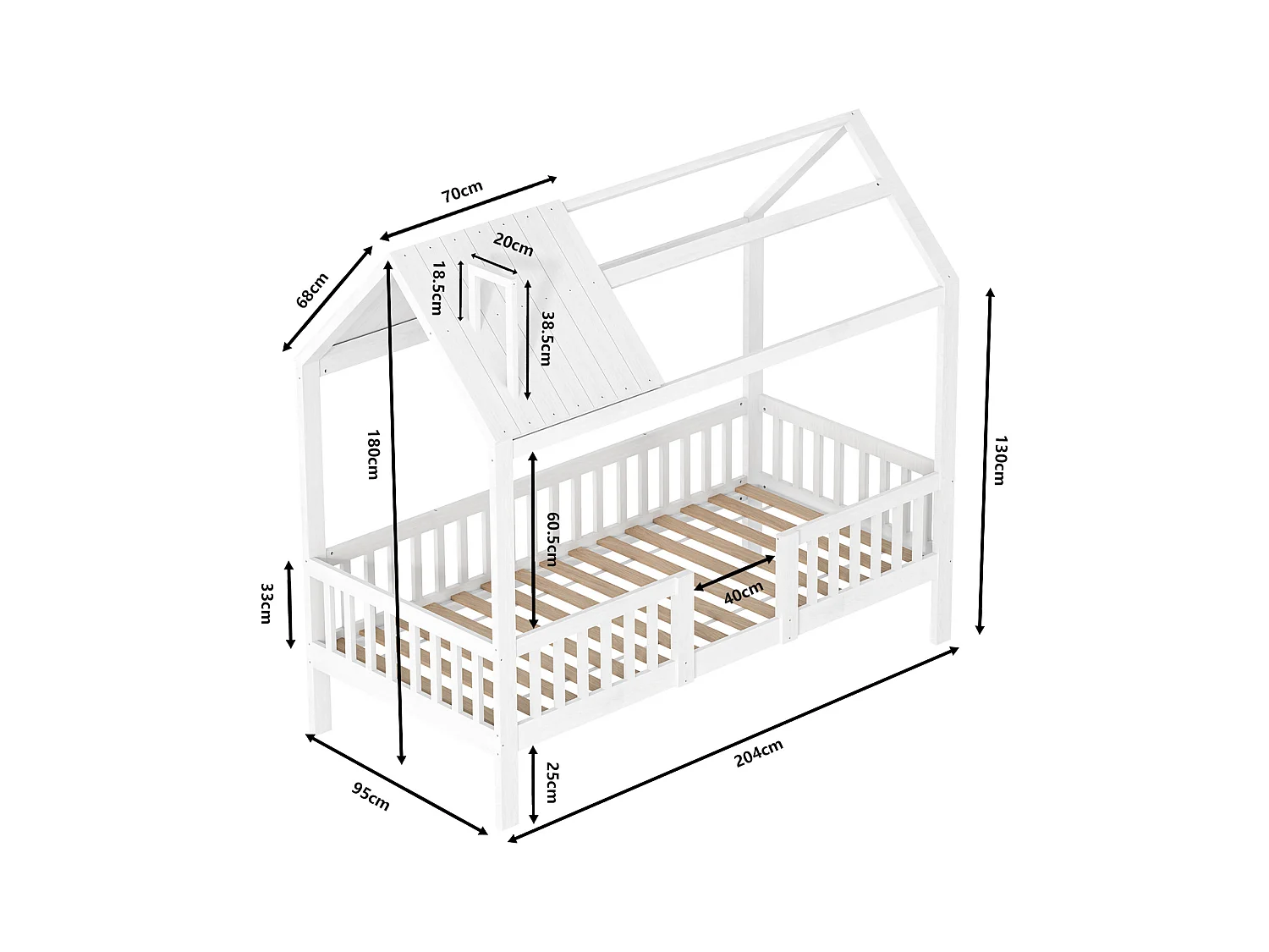 Cama de cabine infantil 200x90cm - madeira maciça com base de ripas - branca
