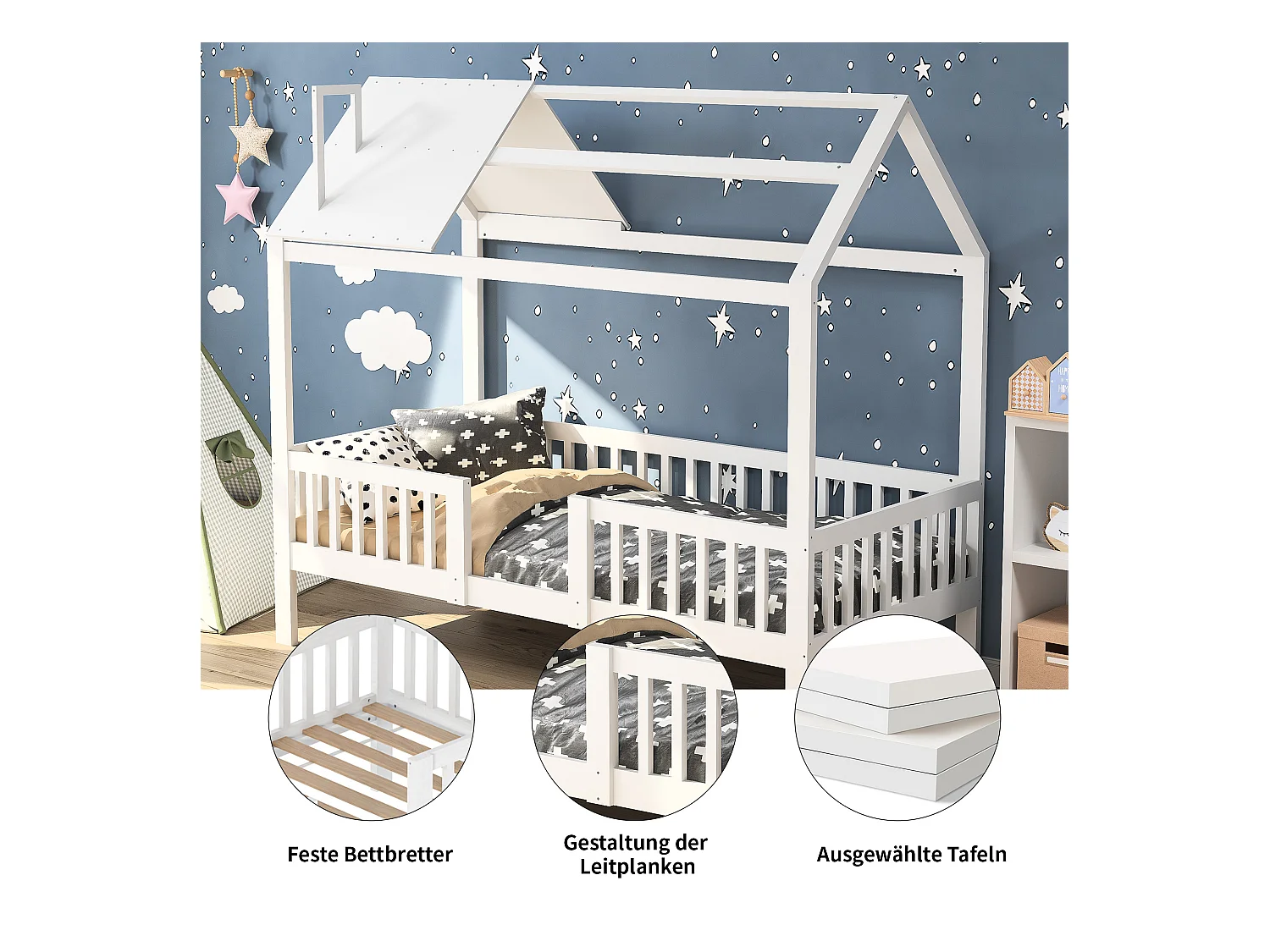 Cama de cabine infantil 200x90cm - madeira maciça com base de ripas - branca