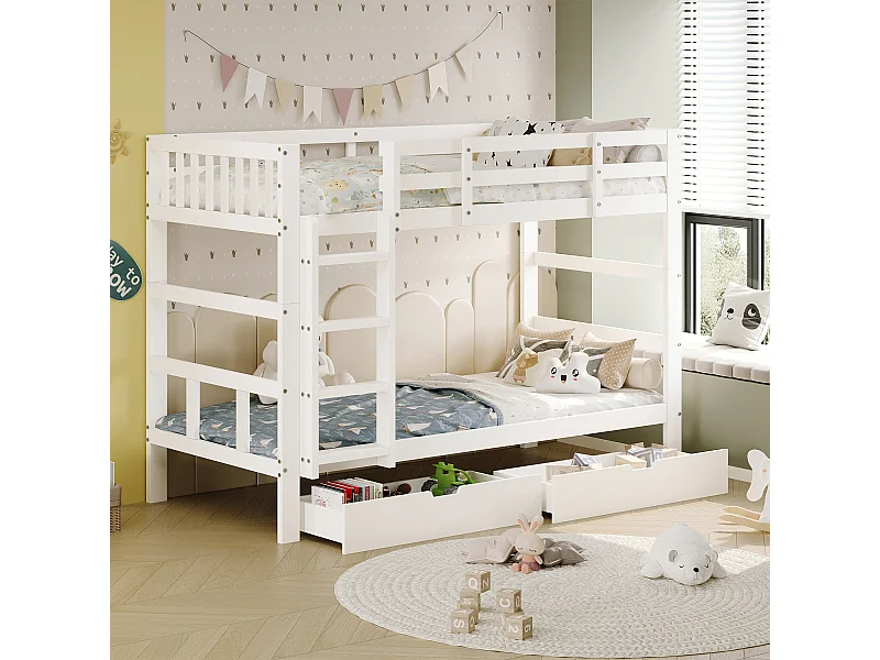 Massivholz-Kinder-Etagenbett 90x200 cm mit Stauraumschubladen - Teilbar in 2 Einzelbetten