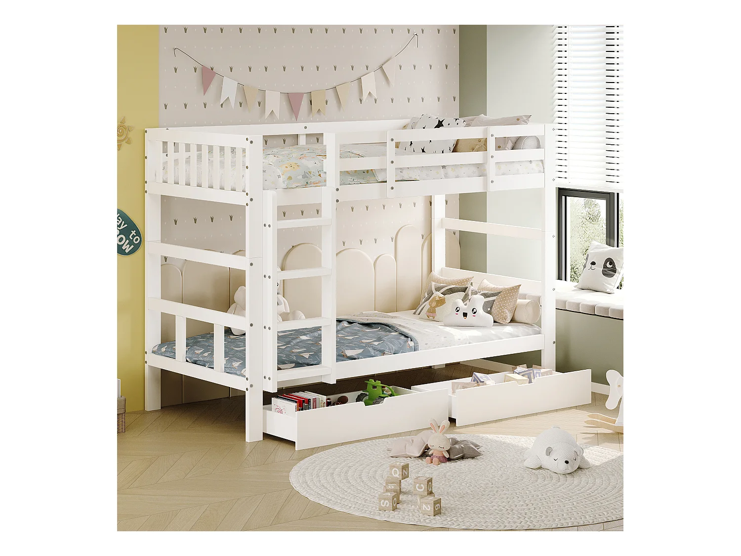 Massivholz-Kinder-Etagenbett 90x200 cm mit Stauraumschubladen - Teilbar in 2 Einzelbetten