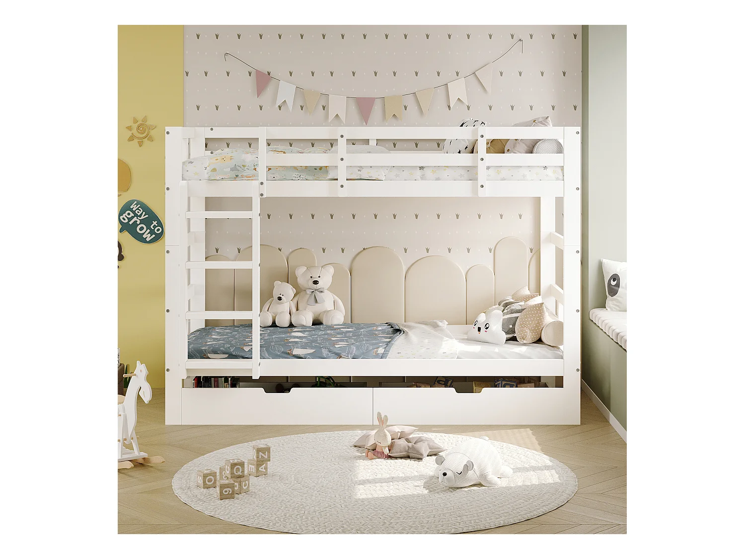 Massivholz-Kinder-Etagenbett 90x200 cm mit Stauraumschubladen - Teilbar in 2 Einzelbetten