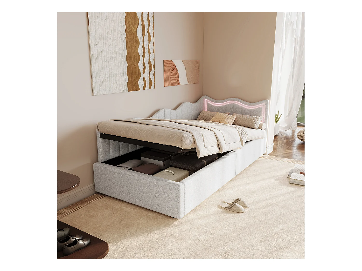 Divano letto per bambini con contenitore e LED multicolore - 90x200 cm - Bianco in tessuto felpato