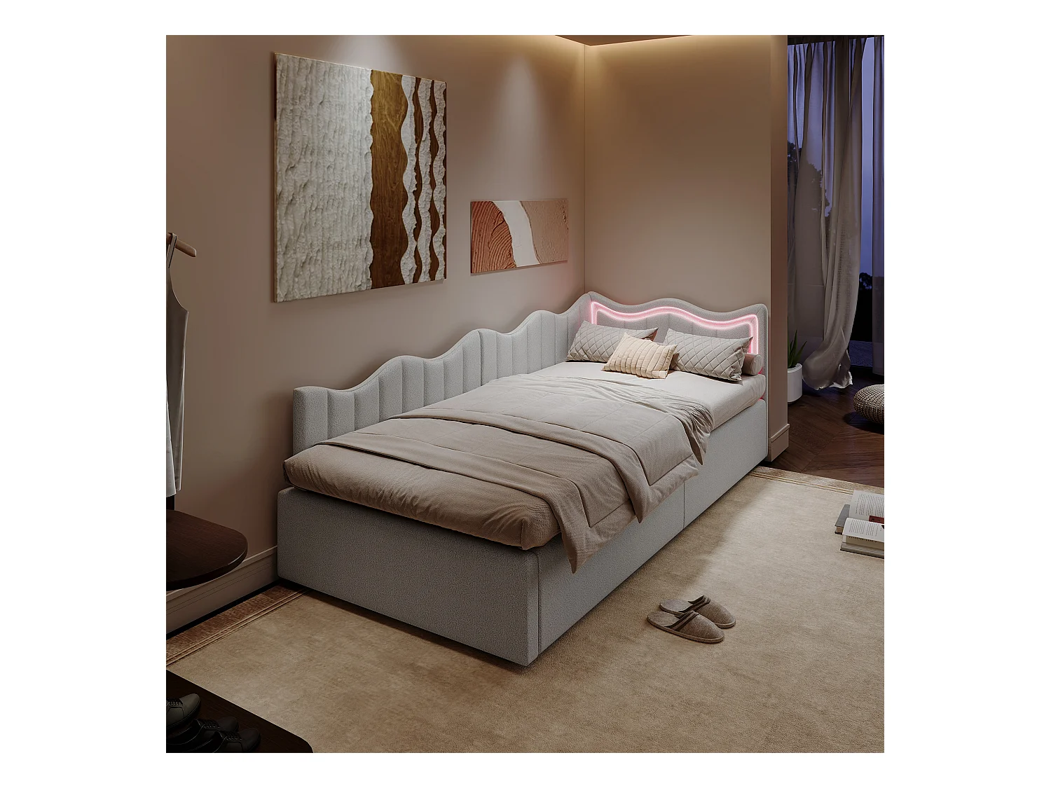 Divano letto per bambini con contenitore e LED multicolore - 90x200 cm - Bianco in tessuto felpato