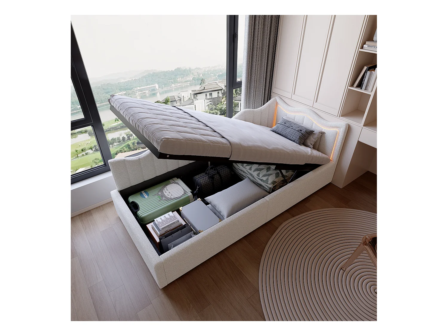 Divano letto per bambini con contenitore e LED multicolore - 90x200 cm - Bianco in tessuto felpato