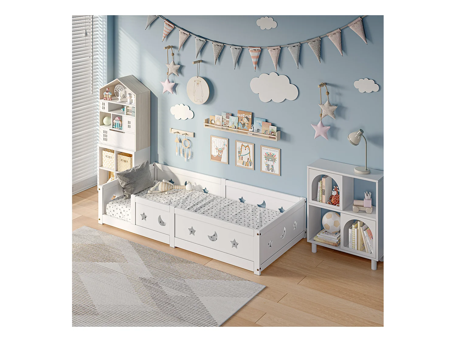 Montessori kinderbed 120x200 cm van massief grenenhout met uitvalbeveiliging en maan- en stermotieven - Wit