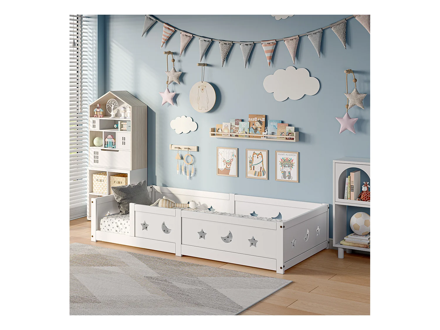 Montessori kinderbed 120x200 cm van massief grenenhout met uitvalbeveiliging en maan- en stermotieven - Wit