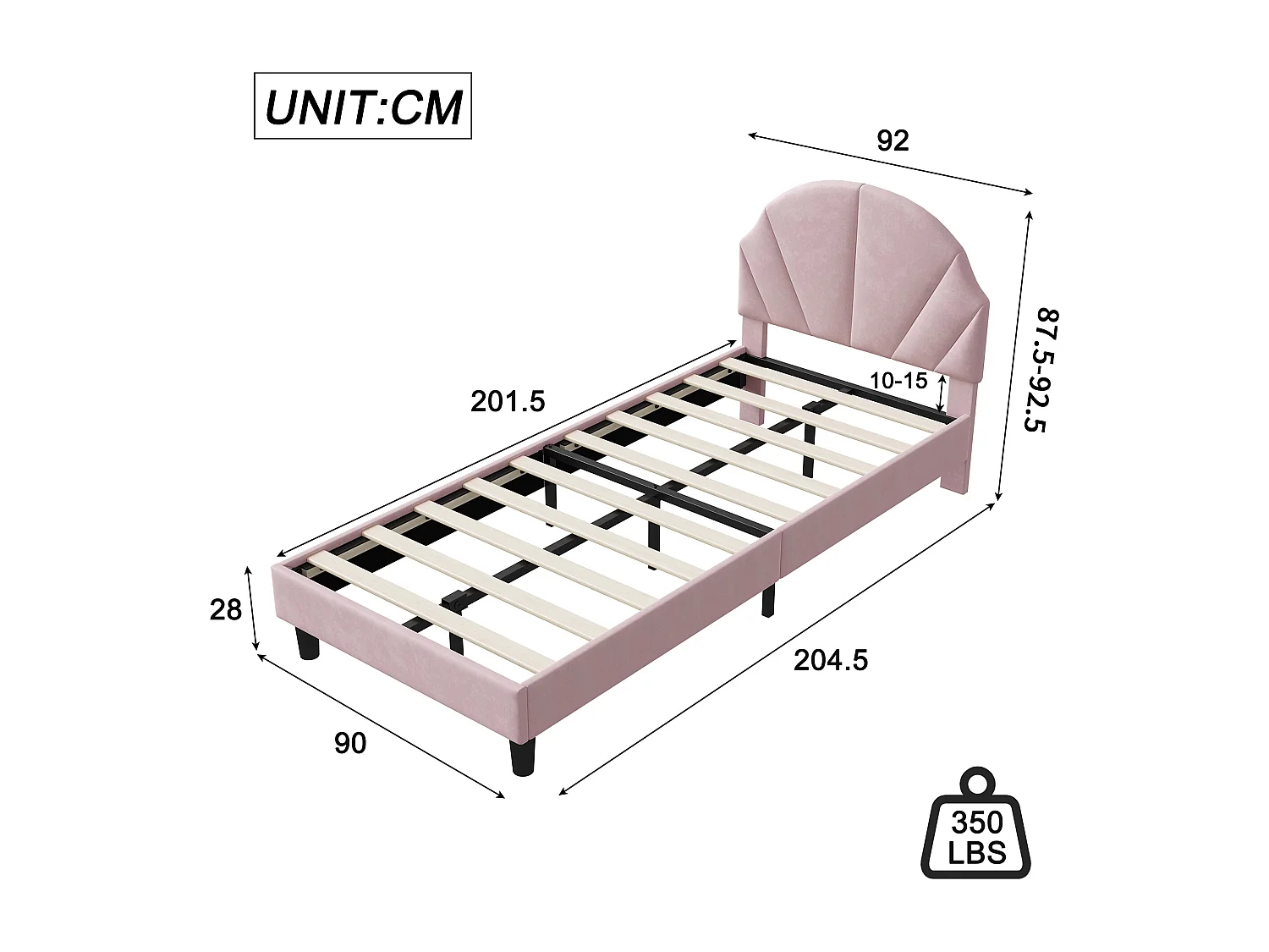 Lit enfant en velours avec tête de lit réglable – 90×200 cm – Rose