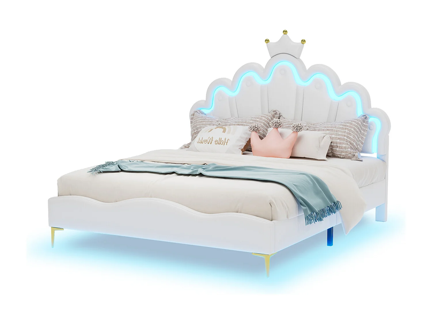 lit enfant 140x200 avec sommier à lattes,lit capitonné,lit double,lit LED,blanc