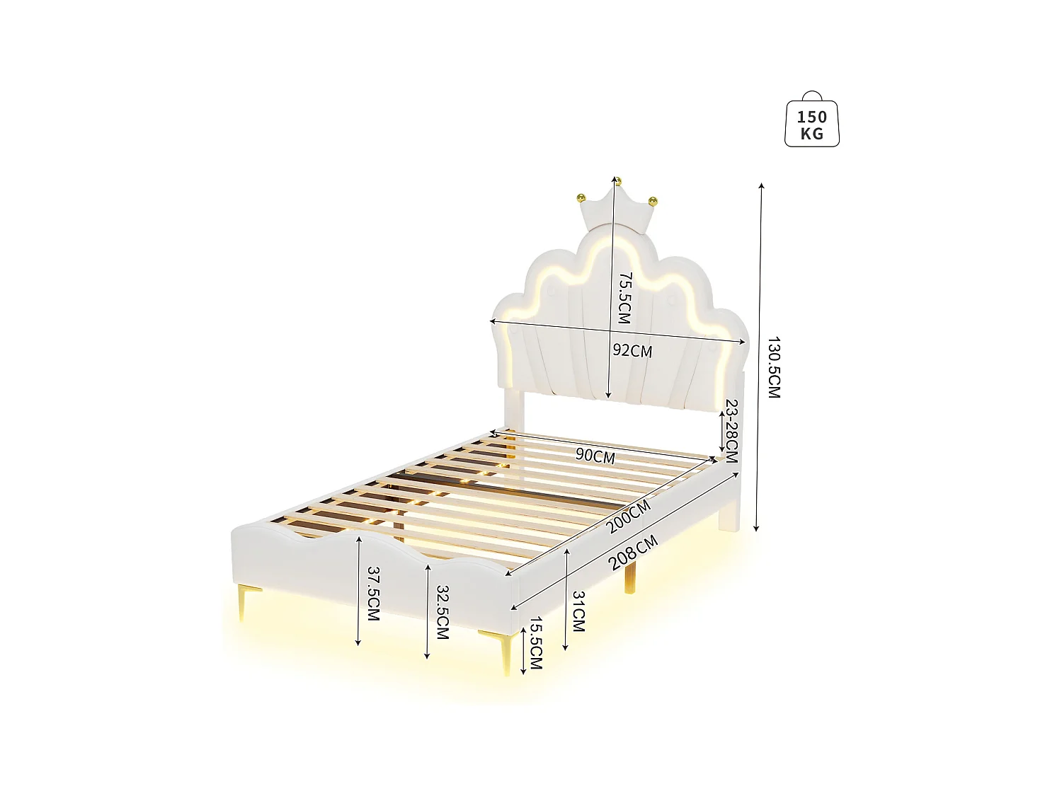 kinderbed 90x200 met lattenbodem, gestoffeerd bed, tweepersoonsbed, LED-bed, wit