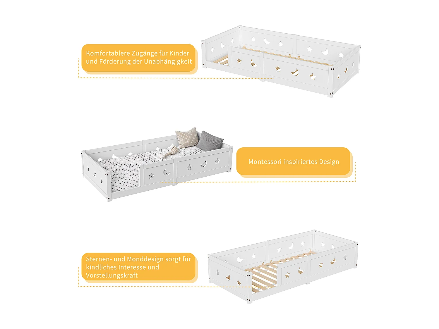 Lit enfant Montessori 90x200 cm en bois massif de pin avec barrière de sécurité et motifs lune et étoiles – Blanc