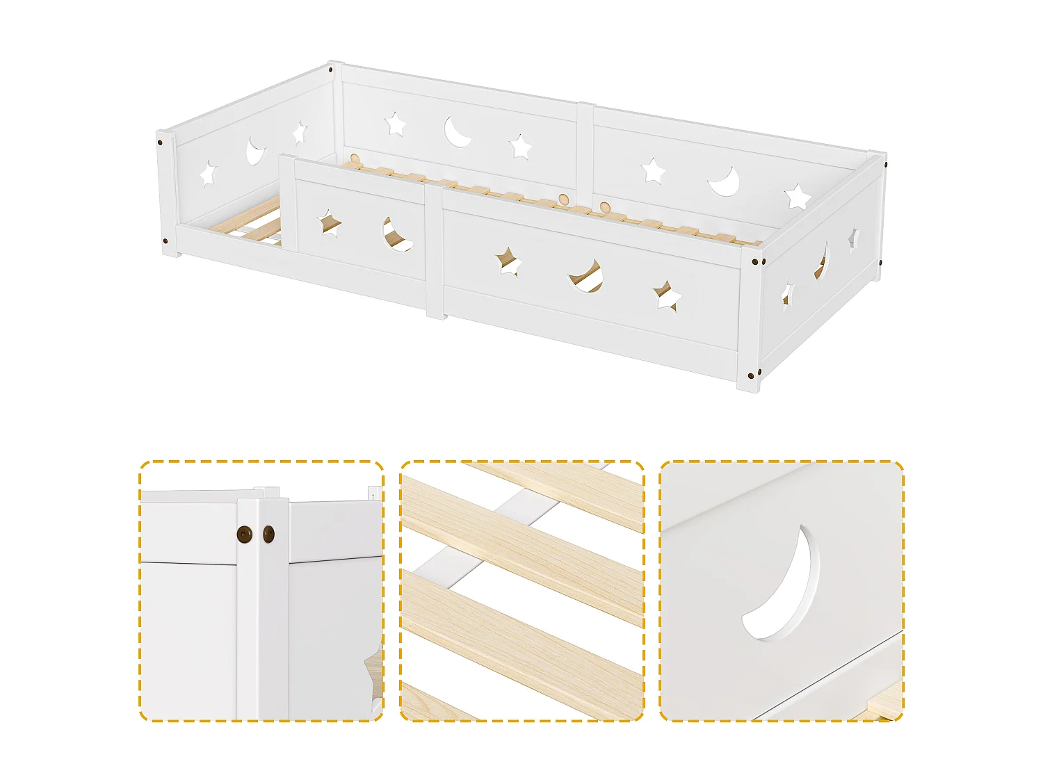 Lit enfant Montessori 90x200 cm en bois massif de pin avec barrière de sécurité et motifs lune et étoiles – Blanc