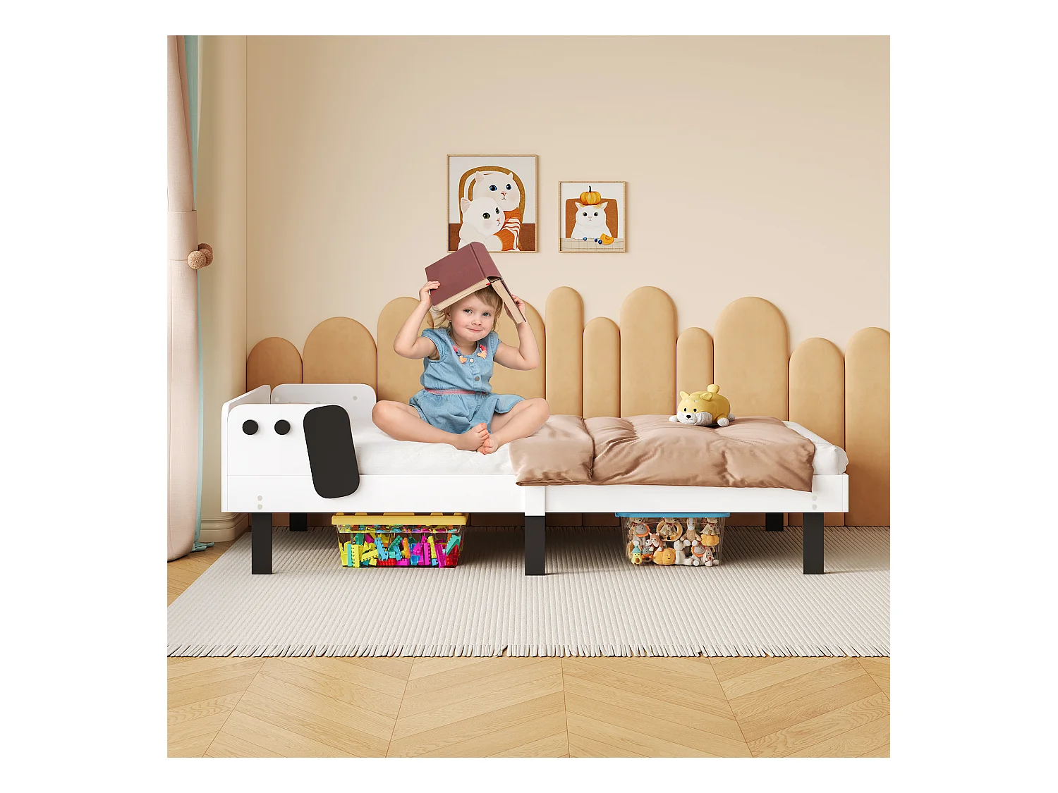 Lit enfant en forme de chien, sécurisé avec barrière latérale, bois robuste – 90x200 cm, blanc