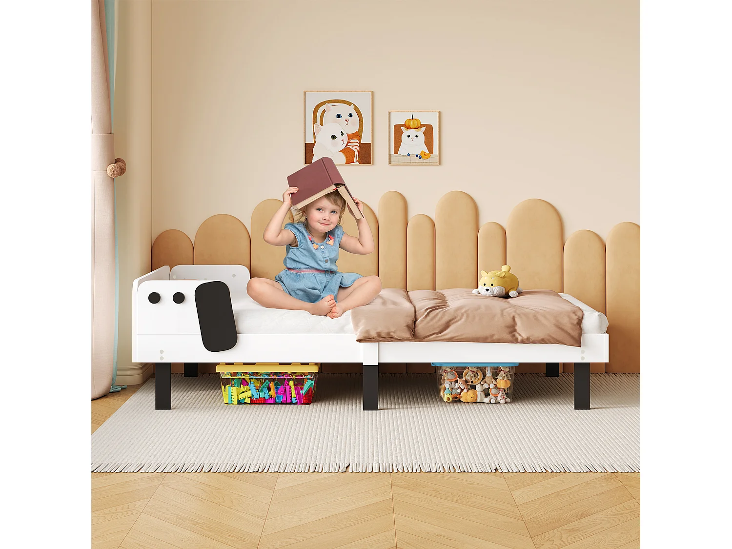 Lit enfant en forme de chien, sécurisé avec barrière latérale, bois robuste – 90x200 cm, blanc