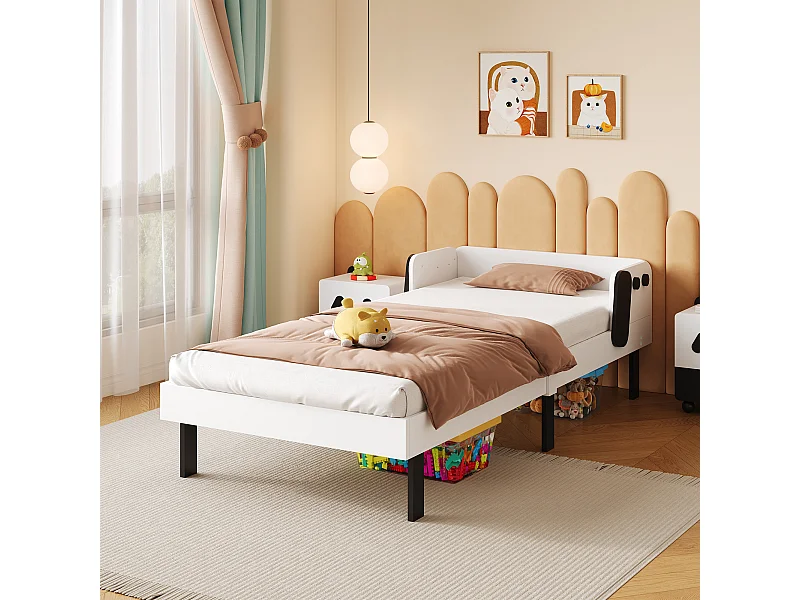 Cama infantil con forma de perro, segura con barandilla lateral, madera robusta - 90x200 cm, blanca