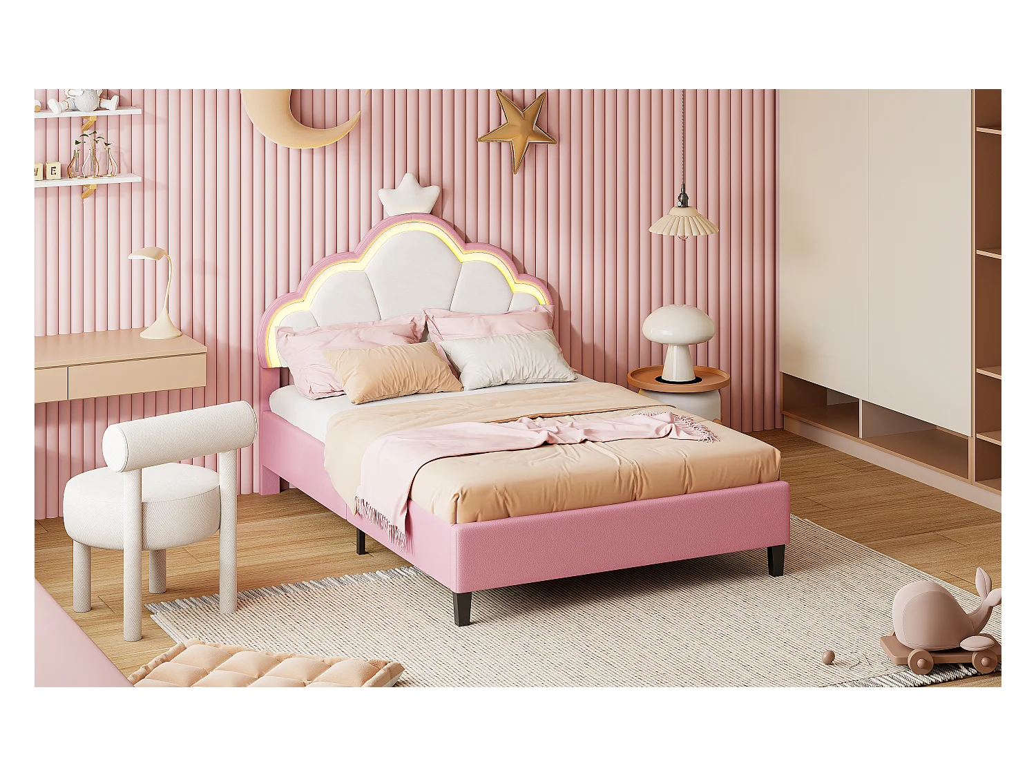 Kinderbed 140x200cm - prinsessenbed met lattenbodem, kroonvormig hoofdeinde - in roze flanel