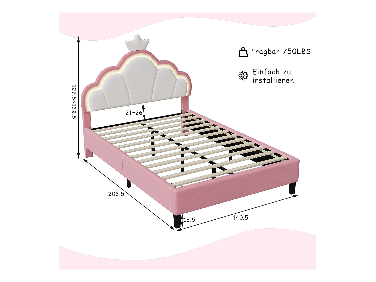 Kinderbed 140x200cm - prinsessenbed met lattenbodem, kroonvormig hoofdeinde - in roze flanel