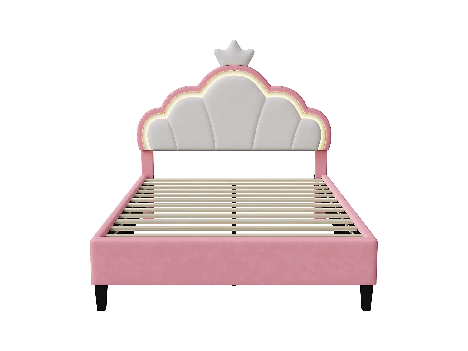 Kinderbed 140x200cm - prinsessenbed met lattenbodem, kroonvormig hoofdeinde - in roze flanel