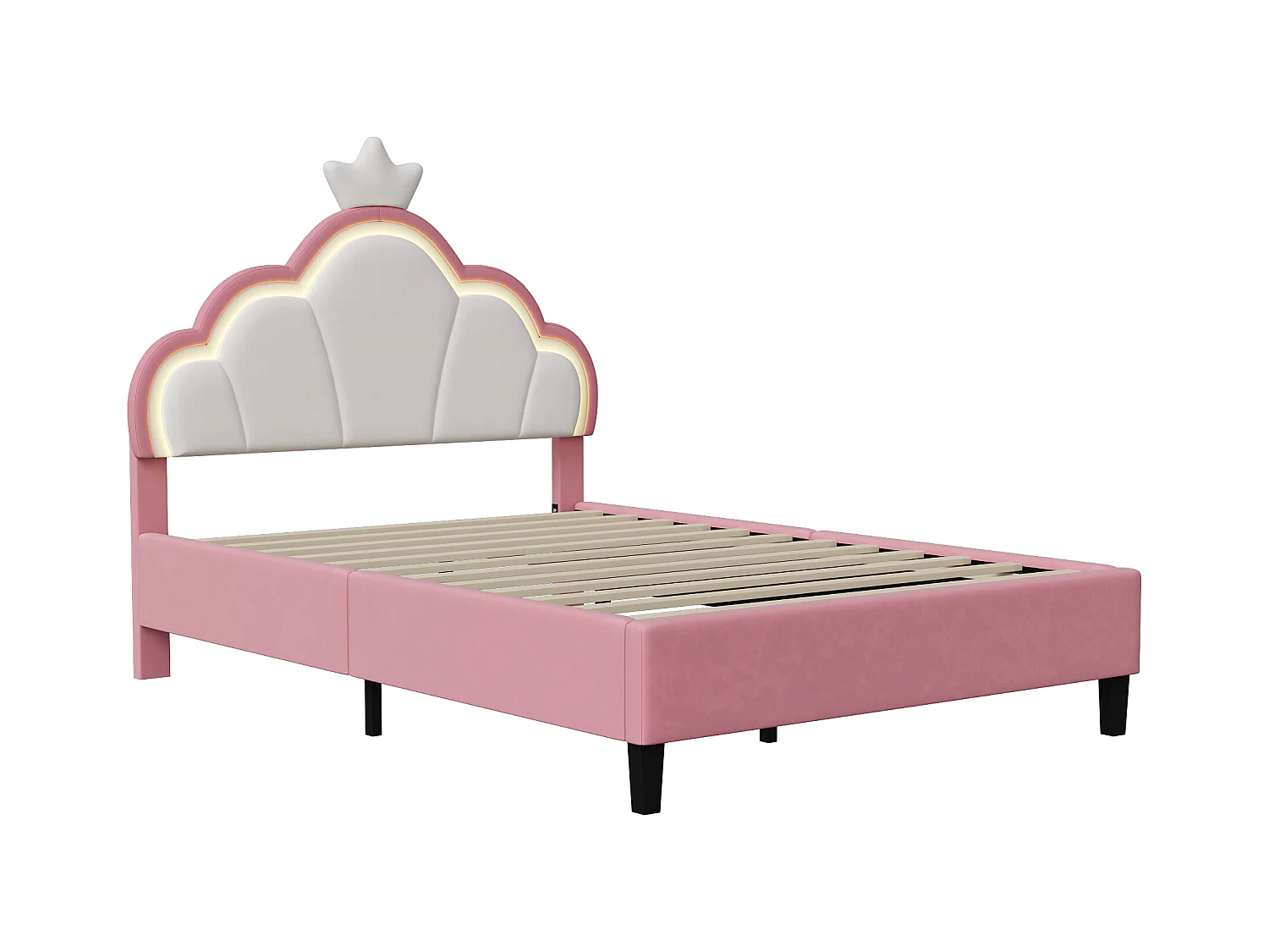 Kinderbed 140x200cm - prinsessenbed met lattenbodem, kroonvormig hoofdeinde - in roze flanel