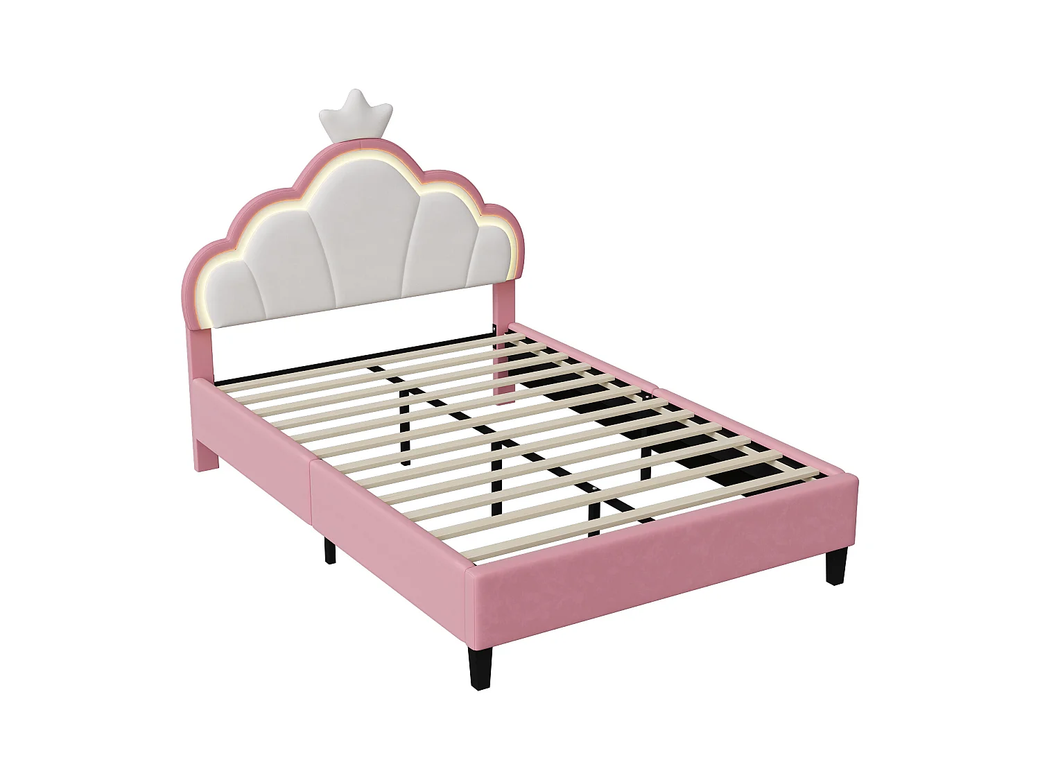 Kinderbed 140x200cm - prinsessenbed met lattenbodem, kroonvormig hoofdeinde - in roze flanel